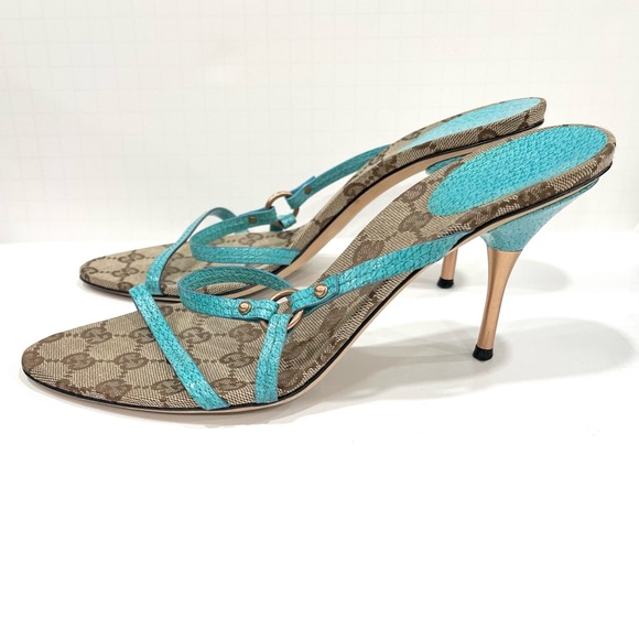 Gucci GG Logo Monogram Turquoise Strappy Heels - Picture 4 of 7